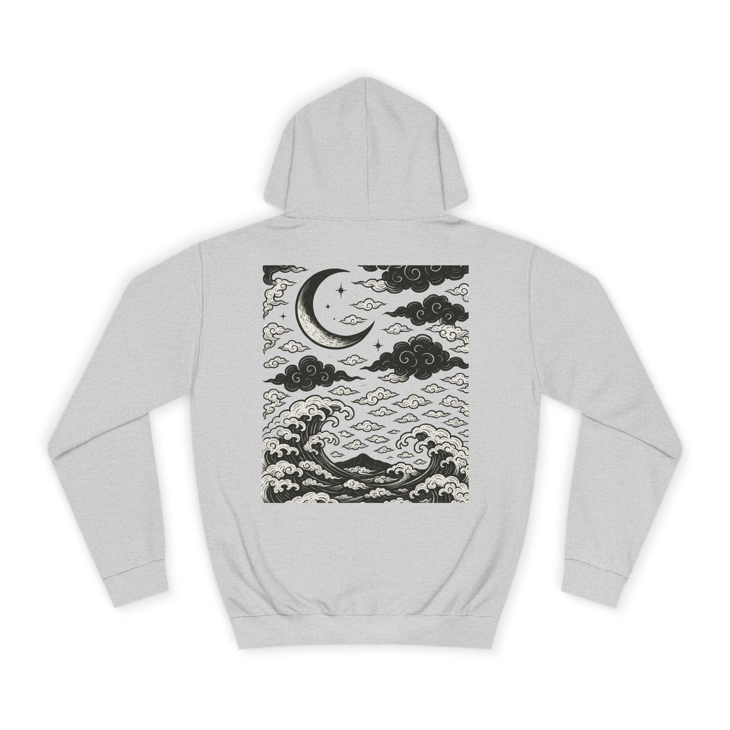Nocturnal Club Hoodie - Unisex College Apparel with Moon & Waves Design