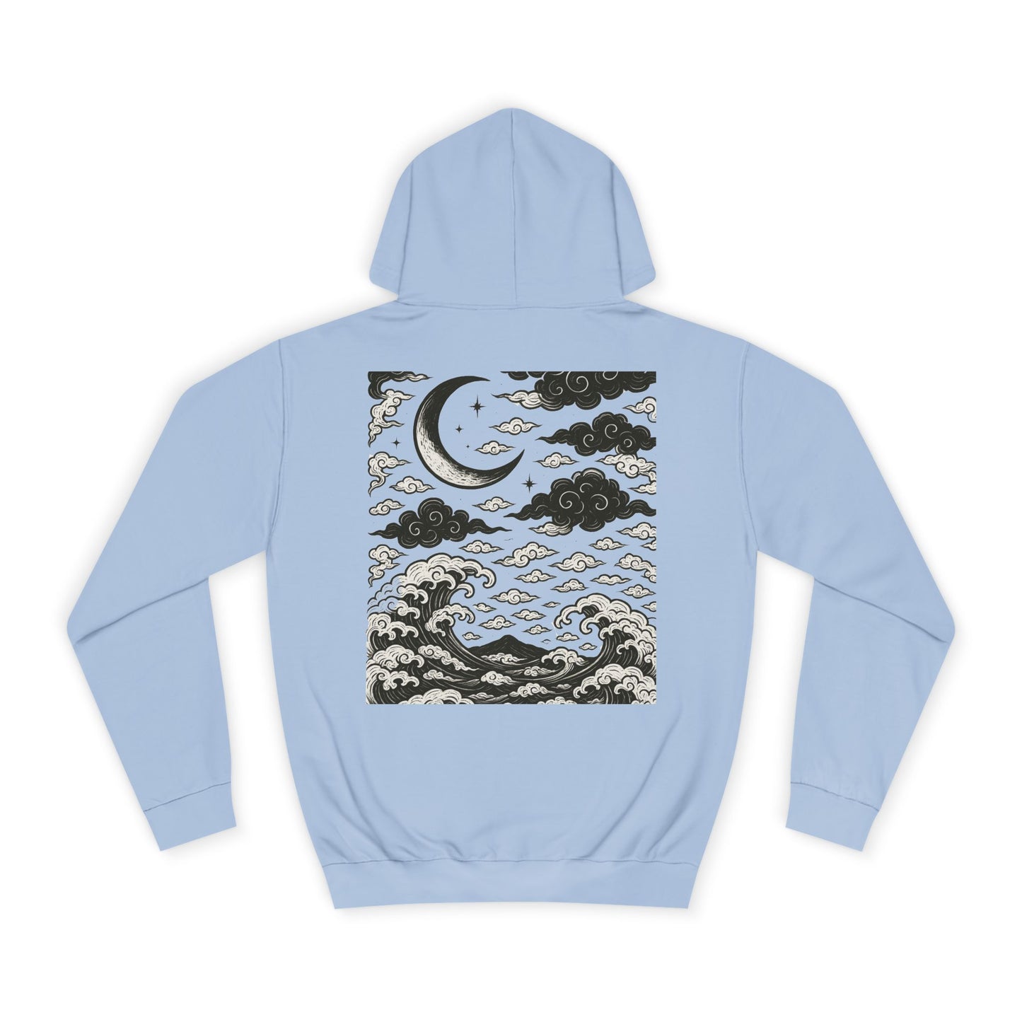 Nocturnal Club Hoodie - Unisex College Apparel with Moon & Waves Design