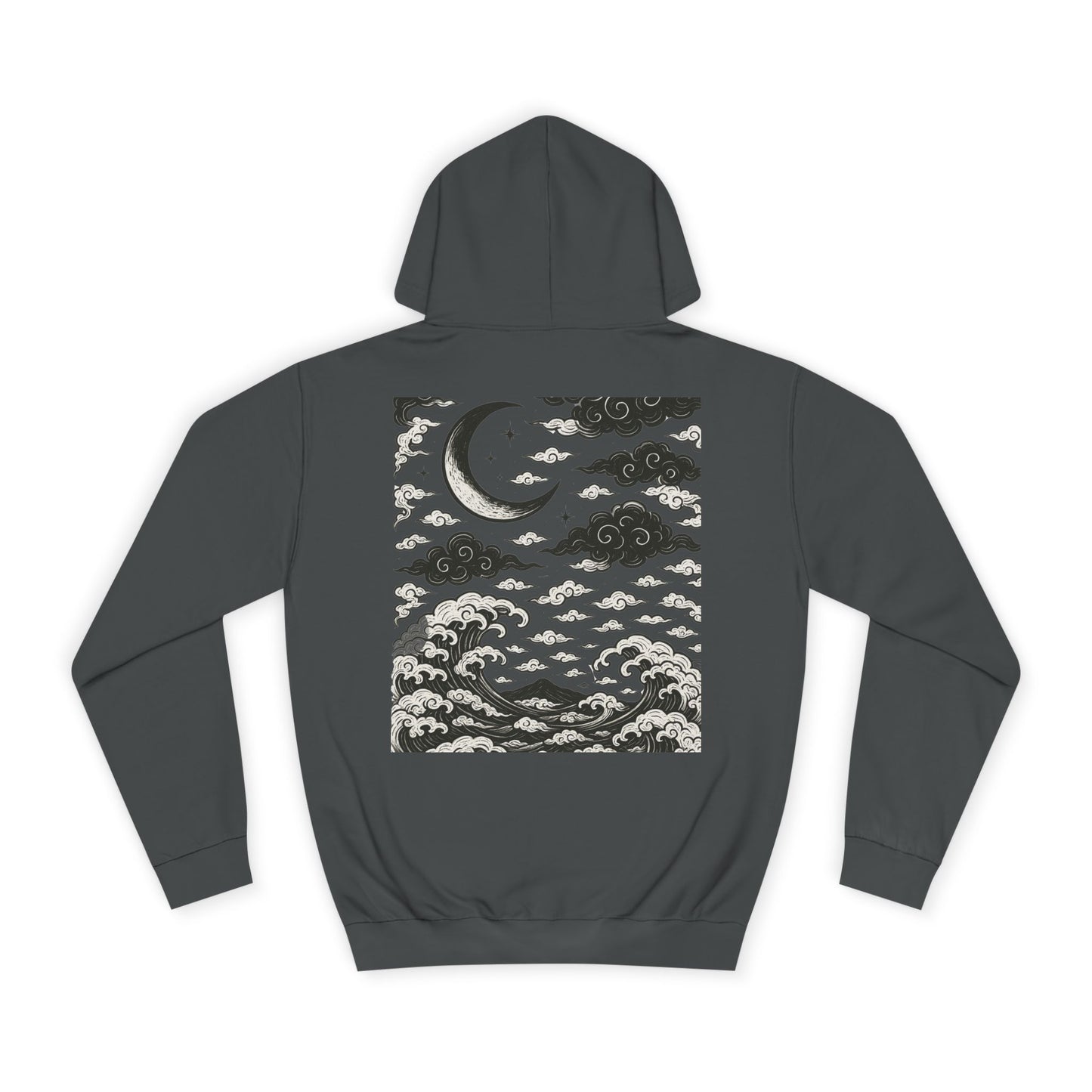 Nocturnal Club Hoodie - Unisex College Apparel with Moon & Waves Design